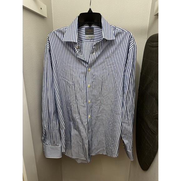 Thomas Dean & Co. Other - TD Thomas Dean Mens Gray Blue Striped Button Front Dress Shirt Size Large Office